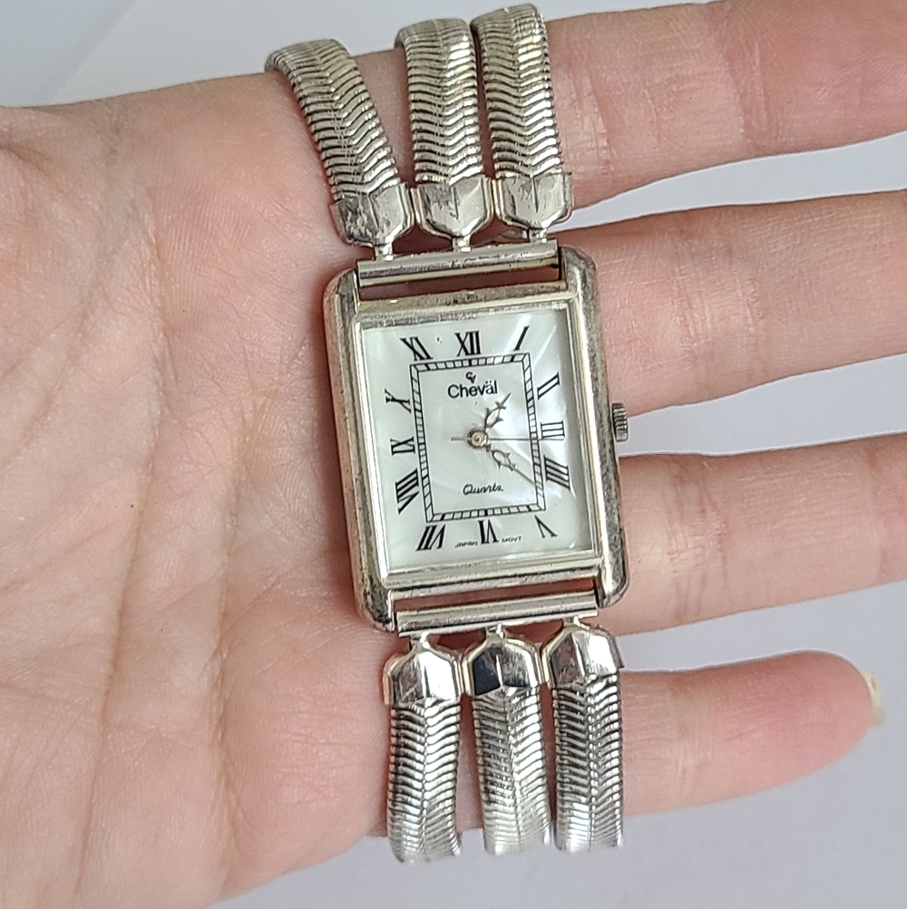 Vintage Silver Tone Cheval Quartz Pearl Square Face Ladies Fashion Watch
